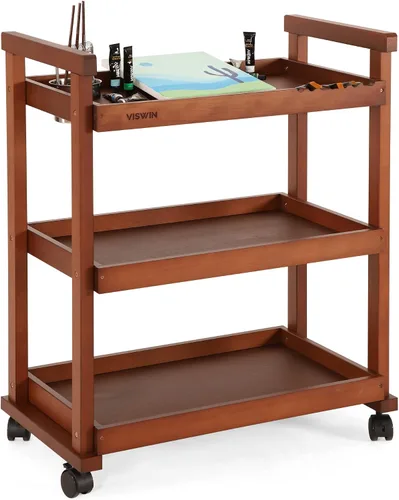 Vista 9 de VISWIN Organizador de carrito de arte, organizador de almacenamiento de suministros de arte de madera de haya maciza con ruedas giratorias, carrito