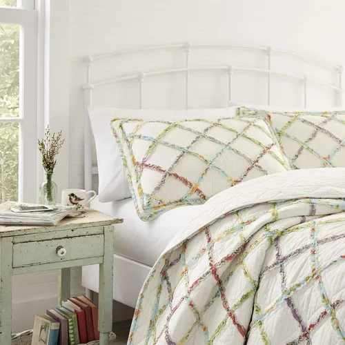Vista 3 de Laura Ashley – Ruffled Garden colcha de algodón, Poliéster, Crema, gemelo