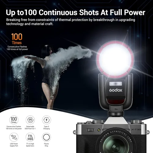 Vista 2 de GODOX V1 Pro F Flash para Fuji, 2.4G TTL Flash de cámara de cabeza redonda para Fujifilm HSS 1/8000s, batería de iones de litio de carga USB-C, 500