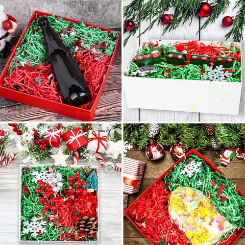 Vista 5 de LOMIMOS Relleno de papel de Navidad de 1 libra, papel de rafia de Navidad rojo y verde con confeti de Navidad para envolver regalos, cesta