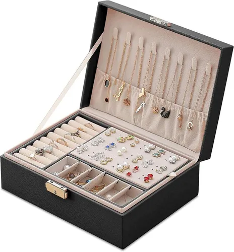 Vista 2 de Joyero de cuero para mujeres y niñas, organizador de joyas con dos capas de exhibición para collares, aretes, pulseras, anillos y relojes (negro)