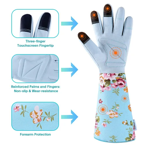 Vista 2 de WANCHI Guantes de jardín de manga extendida para mujer, guantes de jardinería de agarre suave, ligeros y cómodos para plantar, paisajismo y tareas