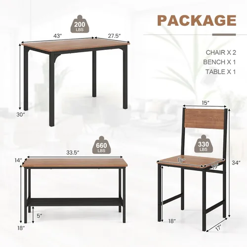 Vista 6 de COSTWAY Dining Table Set for 4, Space-Saving Dining Room Table with Bench and 2 Chairs, Storage Rack & Anti-Slip Foot Pads, Industrial Kitchen Table