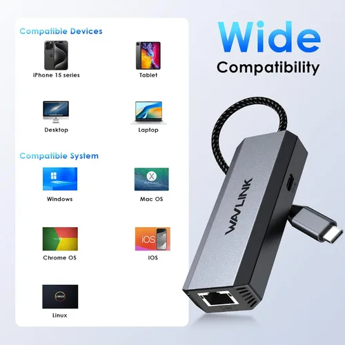 Vista 14 de WAVLINK Adaptador USB C a Ethernet de 2,5 Gbps, adaptador USB a Ethernet de Adaptador Ethernet 2.5G PD