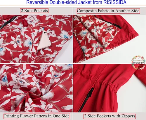 Vista 5 de RISISSIDA Women Reversible Floral Print Jacket Hooded Spring Fall Fashion, Casual Lightweight Waterproof Thin Transition Coat