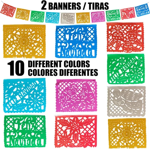 Vista 3 de Paquete de 2 pancartas de papel picado metálico de 16 pies, decoraciones mexicanas auténticas artesanales, hechas a mano, papel picado, Navidad