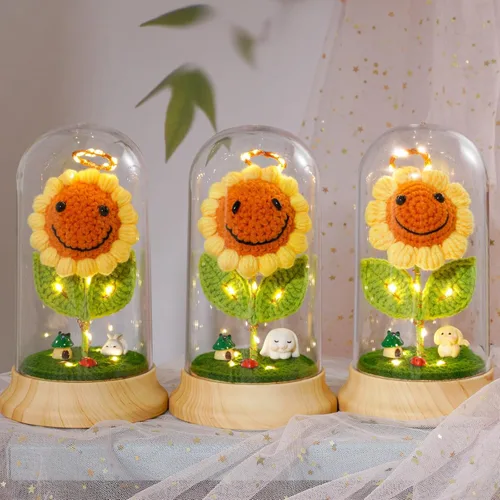 Vista 7 de Regalos de girasol de ganchillo para mujeres, regalos de cumpleaños de flores de sol artificiales para abuela, en cúpula de plástico girasol