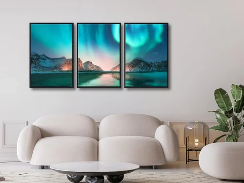 Vista 2 de DEKWINN Arte de pared enmarcado grande con estrellas y luces polares, arte de pared de paisaje nocturno de invierno con aurora, impresiones modernas