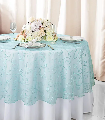 Vista 4 de Manteles de organza bordados redondos de 90 pulgadas, manteles de organza para bodas, fiestas, banquetes, eventos, color verde manzana
