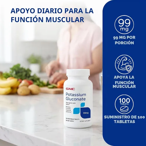Vista 3 de GNC Gluconato de potasio 99 mg, 100 tabletas, apoya la función muscular Mineral esencial que ayuda a regular el equilibrio hídrico y apoya