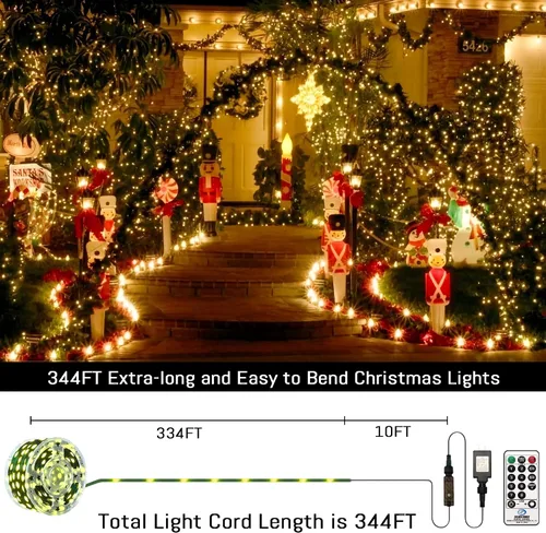 Vista 6 de Guirnalda de luces de Navidad para exteriores, 1000 LED de 344 pies con control remoto, fácil de moldear, impermeable, enchufable, luces de hadas