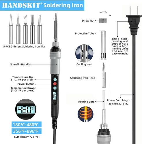 Vista 2 de HANDSKIT - Kit de soldadura, kit de hierro HANDSKIT Soldeirng, herramientas de soldadura electrónica con temperatura ajustable, bomba