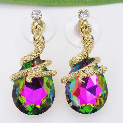 Vista 82 de Navachi Pendientes colgantes de gota de serpiente con forma de pera multicolor de cristal chapado en oro de 18 quilates