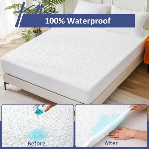 Vista 2 de Protector de colchón impermeable de viscosa de bambú tamaño Queen, funda de colchón refrescante para cama tamaño Queen, funda de colchón súper suave
