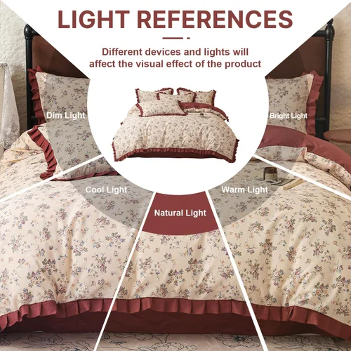 Vista 7 de OTOB Funda de edredón tamaño Queen de 3 piezas, 100% algodón con volantes, estética, floral, con 2 fundas de almohada, reversible, estilo shabby