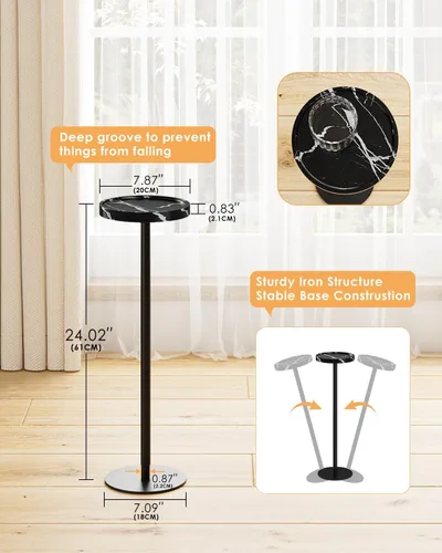 Vista 3 de Mesa de bebida, mesa auxiliar de pedestal pequeña, mesa de cóctel redonda, mesa auxiliar circular con base de metal, para espacios pequeños