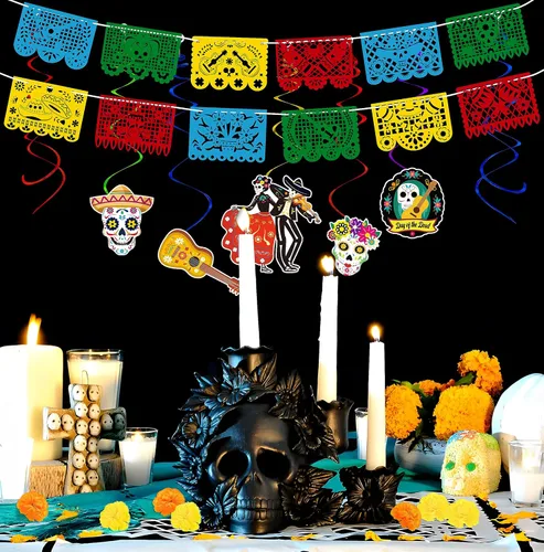 Vista 2 de Juego de 140 piezas de decoración del día de los muertos: decoración del día de los muertos, papel picado, caléndula, mariposa, espirales colgantes