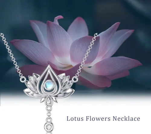 Vista 5 de Flpruy Collar de flor de loto de plata de ley con colgante de piedra lunar relleno de pequeño diamante, delicado colgante de loto, joyería de piedra