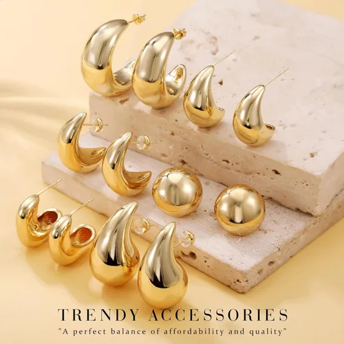 Vista 6 de LOUMILEO 6 Pairs Chunky Gold Hoop Earrings Set for Women 14K Gold Plated Teardrop Waterdrop Earrings Dupes Lightweight Hypoallergenic Gold Earrings