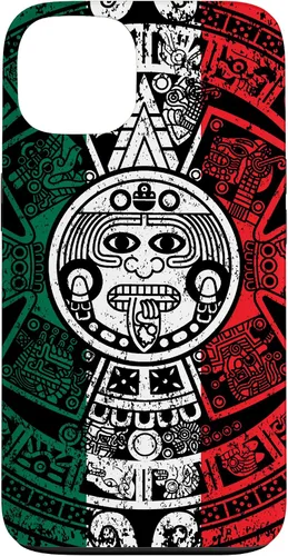 Vista 7 de Funda para iPhone 17 con calendario maya azteca con diseño de piedra solar envejecida de la bandera de México
