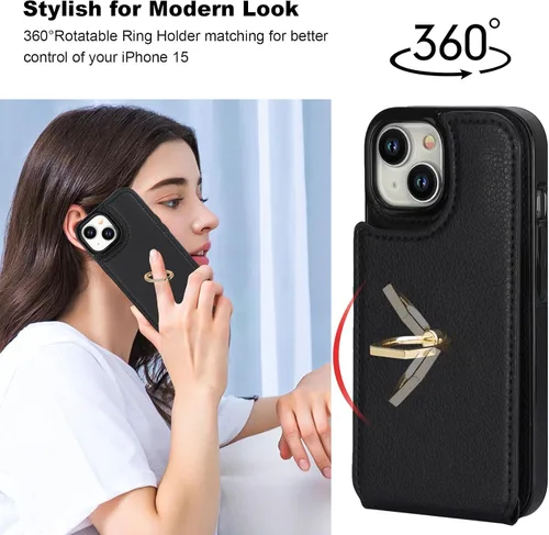Vista 3 de Folosu Compatible con iPhone 15 Funda cartera con tarjetero con rotación de 360°, soporte de anillo de dedo con función atril, bloqueo RFID