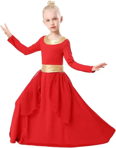 Vista 6 de REXREII - Traje de baile con cintura metálica de manga larga litúrgica para niñas