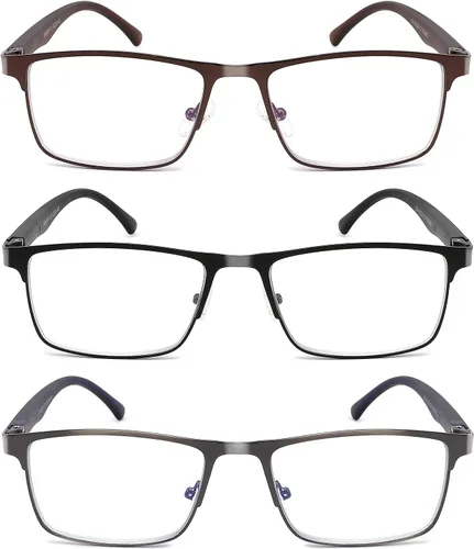 Vista 3 de Paquete de 3 lentes de lectura para hombre, filtro de luz azul, marco completo, lectores de metal, antiUV, fatiga ocular/deslumbramiento