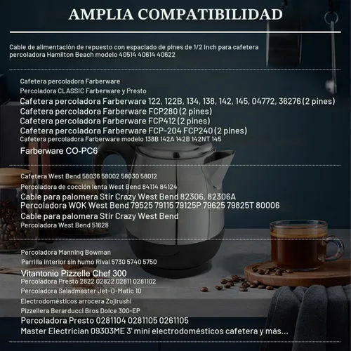 Vista 2 de HASMX Cable de alimentación de repuesto para percolador de 36 pulgadas para Presto Percolator 0281104 0281105 0261105, cable de 2 pines