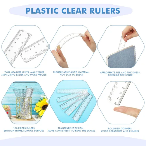 Vista 7 de Zonon 200 reglas rectas flexibles de plástico transparente a granel con pulgadas y centímetros, regalo para el primer día de escuela