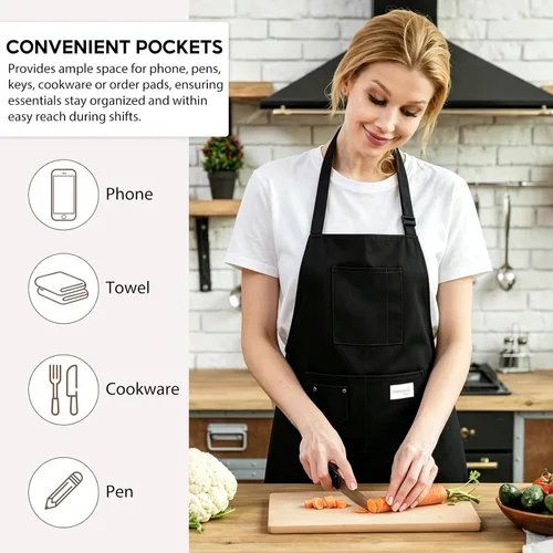 Vista 2 de Delantales de chef de algodón para hombres y mujeres, bolsillos grandes, material de lona