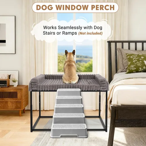 Vista 6 de Cama ajustable para perros grandes, cama elevada para perros con marco de metal, colchón de espuma viscoelástica y funda de pana lavable, cama