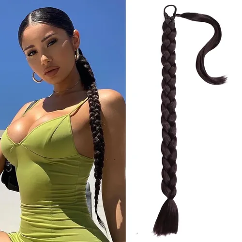 Vista 13 de Extensiones de cola de caballo trenzada de 20 pulgadas de largo para mujer, extensiones de cabello lacio envolvente con banda para el cabello, cola