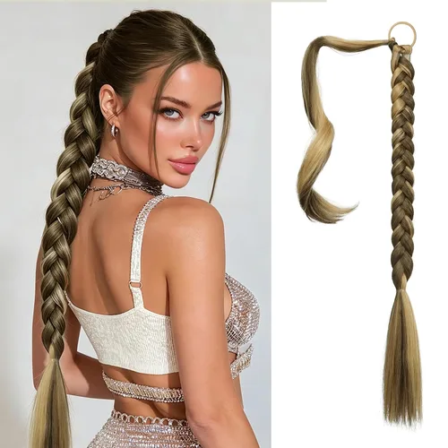 Vista 24 de SOFEIYAN Extensión de cola de caballo trenzada larga con banda elástica y mechón liso envolvente, extensiones de cabello naturales suaves
