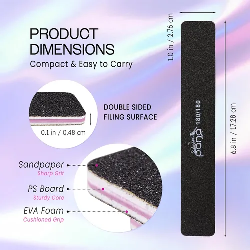Vista 3 de PANA Lima de uñas Emery Jumbo de doble cara para manicura, pedicura, uñas naturales y acrílicas, color negro (grano 180/180), paquete de 50