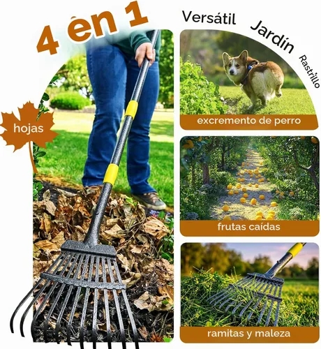 Vista 7 de Rastrillo de hojas de jardín para césped resistente, rastrillo de metal para patio con cabezal pequeño y estrecho de 9 pulgadas, mango largo