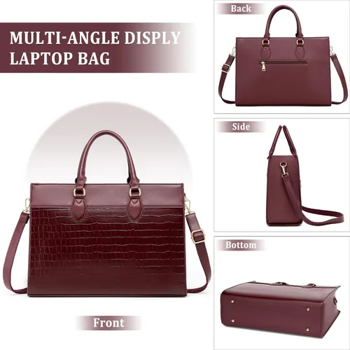 Vista 7 de BOLOSTA Bolsa para laptop para mujer, bolsa de trabajo de 15.6 pulgadas para mujer, bolsa grande de cuero impermeable para computadora con bolso