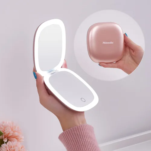 Vista 17 de Mocado Espejo de maquillaje compacto LED con aumento para viajes - 4 pulgadas 1X/10X de aumento, pequeño de bolsillo, doble cara, regulable, USB