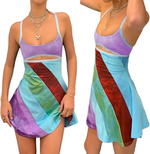Vista 4 de Vestido corto con tirantes delgados para mujer, sexy, sin espalda, colorido, club, fiesta, cóctel