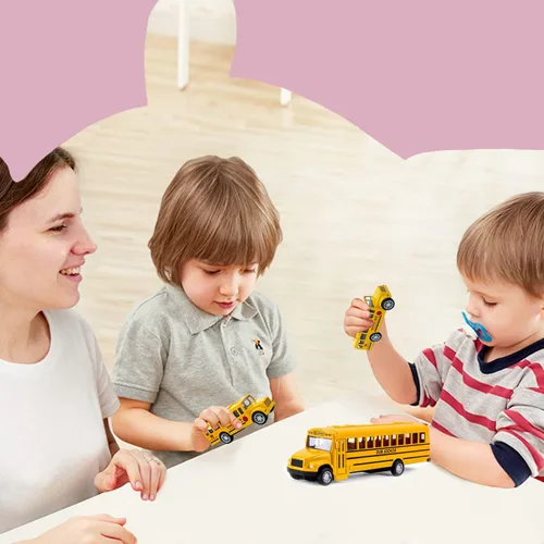 Vista 5 de Juego de 3 autobuses escolares de jalar, vehículos de juguete de metal fundido a presión con amarillo brillante para niños, niñas, niños pequeños