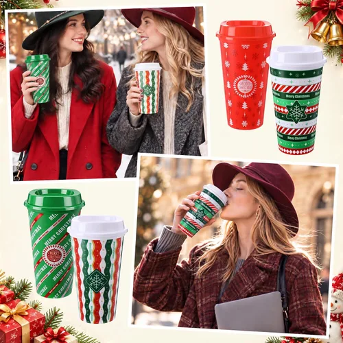 Vista 6 de Yungyan Paquete de 12 tazas de café navideñas con tapas, vasos
