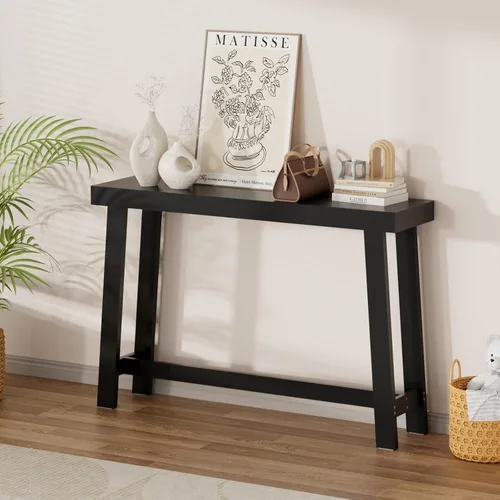Vista 10 de Mesa consola estrecha de bambú de 47.2 pulgadas, mesa auxiliar de granja de 2 niveles, mesa de entrada rectangular, moderna mesa de sofá detrás