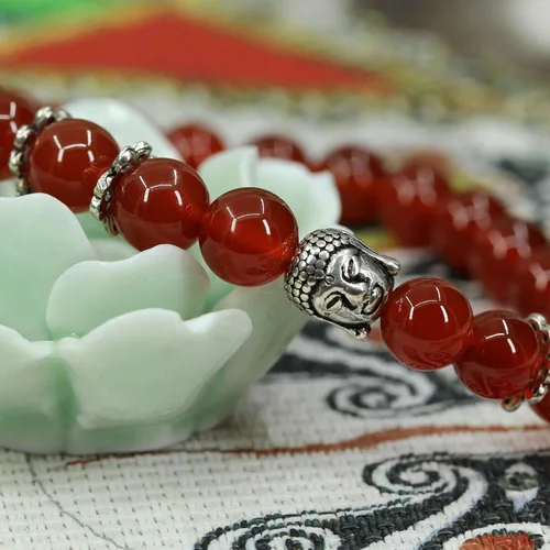 Vista 4 de Natural Gemstone with 925 Sterling Silver Buddha Head Gemstone 8mm Round Beads Stretch Bracelet 7 Inch
