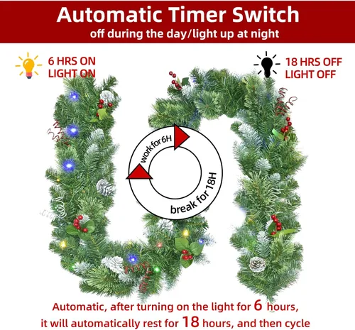 Vista 3 de Guirnalda de Navidad de 9 pies con luces - Guirnalda de Navidad iluminada con 50 luces LED alimentadas por batería, 8 modos de iluminación