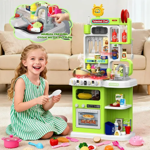 Vista 3 de DRAMATION Juego de Cocina para Niños, Cocina de Juego de 36.22'' para Niños Pequeños de 1-3 con Vapor, Sonido y Luz, Estufa de Cocina, Fregadero