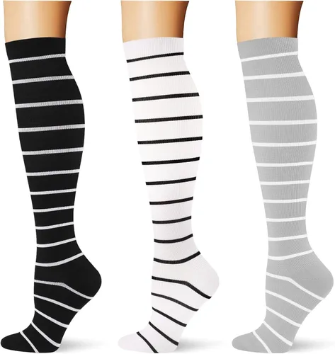 Vista 38 de (3 pares) Calcetines de compresión 20-30 mmHg, calcetines largos hasta la rodilla para mujeres y hombres, soporte atlético, para viajes y uso diario