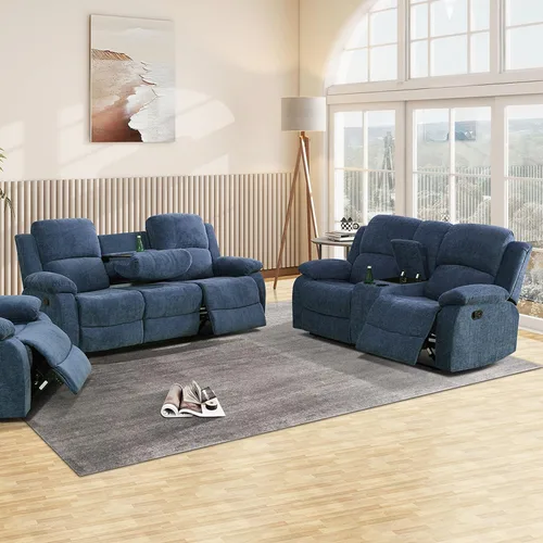 Vista 24 de Sofá reclinable manual, sofá reclinable con portavasos de 3 asientos, sofá de 3 asientos con mesa auxiliar desplegable para sala de estar, oficina