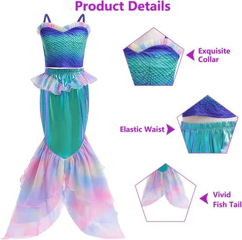 Vista 4 de Disfraz de sirena para niñas, disfraz de princesa para cumpleaños, cosplay, disfraces de Halloween con accesorios