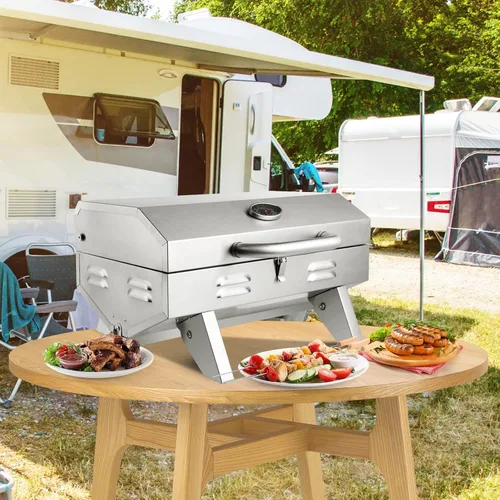 Vista 2 de ROVSUN Parrilla portátil de gas propano de 12,000 BTU, parrilla de cocina al aire libre para picnic, camping, caravana, patio, jardín, barbacoa