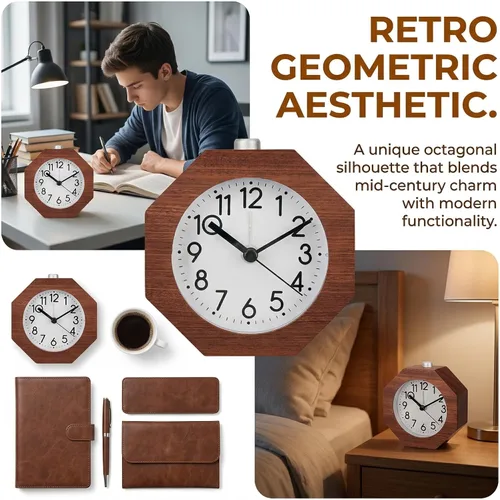 Vista 5 de Reloj despertador analógico de madera, 3 pulgadas, silencioso, silencioso, con números arábigos, función de repetición de retroiluminación, funciona