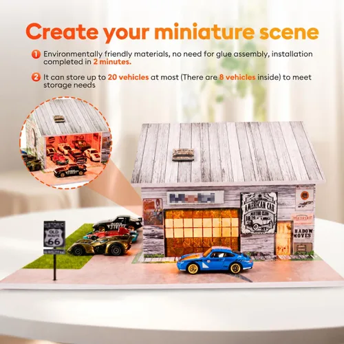 Vista 5 de Vitrina para Hot Wheels, 1/64 LED Garage Diorama, capacidad para más de 30 autos